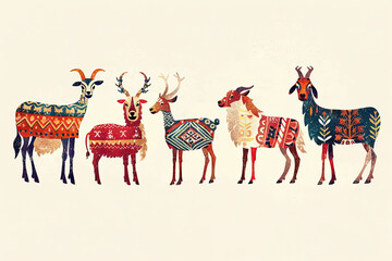 Illustrative graphic design of a lineup of animals traditionally associated with Eid al-Adha, each adorned with festive patterns, against a clean background to highlight the celebration