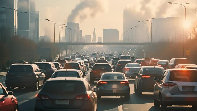 Long line of cars on the road during the city's rush hour, exhaust pollution, and environmental problems. Urban traffic congestion and pollution	