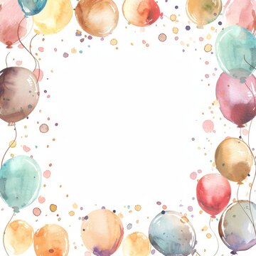 A watercolor painting of a bunch of balloons in various colors with a white background.