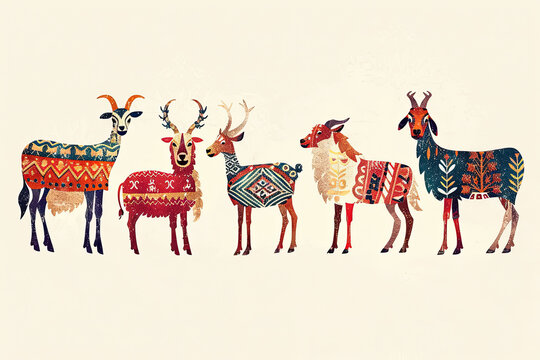 Illustrative graphic design of a lineup of animals traditionally associated with Eid al-Adha, each adorned with festive patterns, against a clean background to highlight the celebration