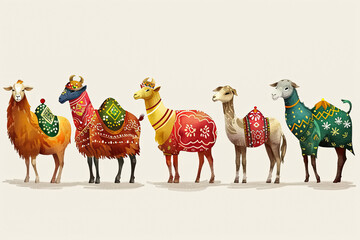 Illustrative graphic design of a lineup of animals traditionally associated with Eid al-Adha, each adorned with festive patterns, against a clean background to highlight the celebration - obrazy, fototapety, plakaty