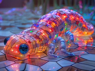 Close-up of a cheerful, multicolored robotic worm, its segmented body softly glowing in a spectrum of hues, navigating the intricate patterns of a garden floor, showcasing a playful side of robotics