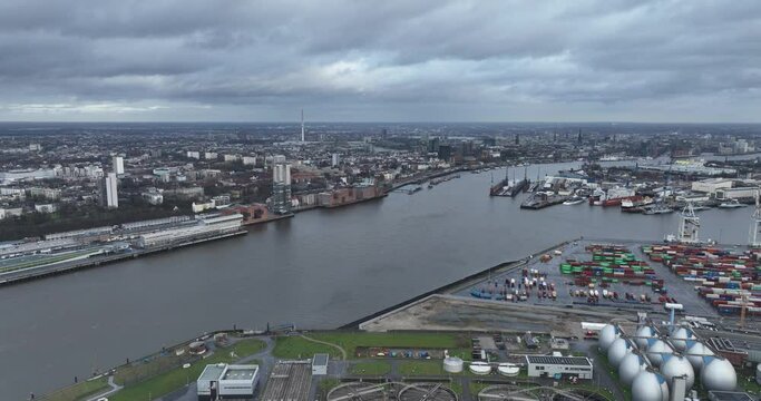 Aerial footage of the Port of Hamburg (Hamburger Hafen) in Hamburg city in northern Germany