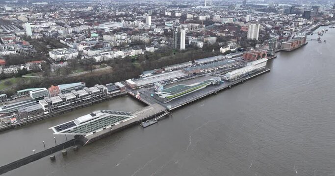 Aerial footage of the Port of Hamburg (Hamburger Hafen) in Hamburg city in northern Germany