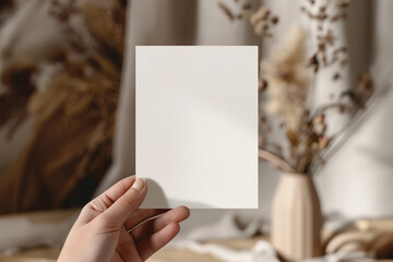 A hand holding a blank square card with a cozy blurred home background.