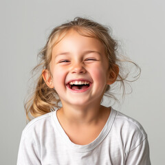 Smiling little girl with long hair and white shirt holding a toothbrush, Kid happy learnings. Generated AI 
