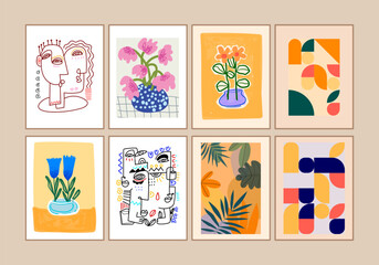 Fototapeta na wymiar Set of abstract cover background wall art, plants, flowers, floral. person figure, face portrait vector illustration. Aesthetic design for art print, wallpaper, decoration.