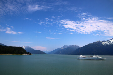 Cruise ship in Chilkoot Inlet in front of the small town of Haines, Alaska, United States 
