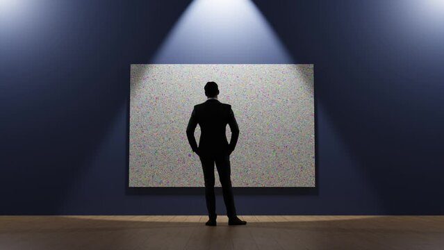 A man in an exhibition hall examines a painting hanging on the wall.