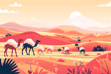 Colorful flat illustration of a desert scene with camels and sheep against a backdrop of sand dunes and pyramids for Eid al-Adha