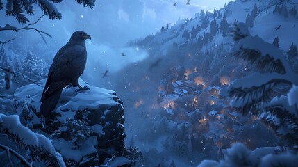 Silent Sentinel: Majestic Bird Overlooking a Snowy Realm - Illustrate a bird perched high above a snowy landscape, surveying the winter scene below. - obrazy, fototapety, plakaty