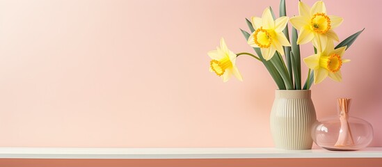 Yellow daffodil flowers in a vase on a shelf