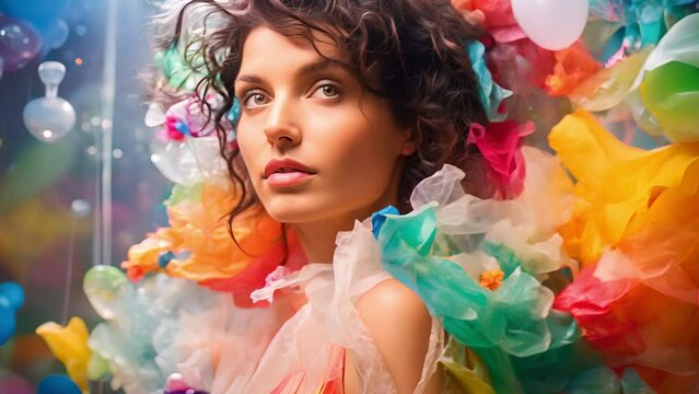 Woman model covered by plastic bag while shooting fashion campaign with the concept of recycling, reusing plastic bags to promote environmental awareness	