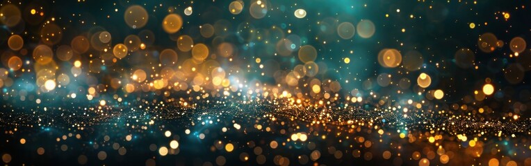 New Year's Eve Party Background with Gold Fireworks and Bokeh Lights on Dark Green Texture - Sylvester Silvester Panorama Illustration