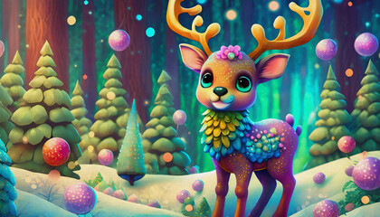 Fototapeta premium OIL PAINTING STYLE CARTOON CHARACTER multicolored Adorable deer on a background with snow. Christmas