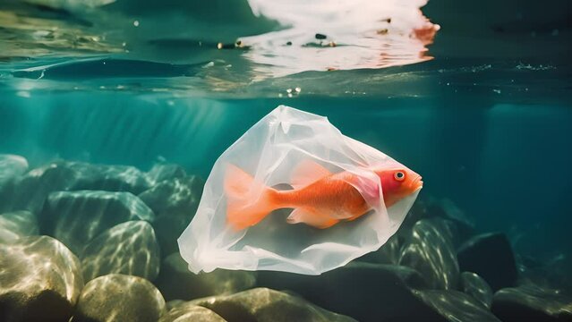 Environmental problems of plastic waste pollution in the ocean. Plastic pollution in the ocean. Plastic bag in the ocean	