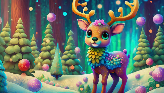 OIL PAINTING STYLE CARTOON CHARACTER multicolored Adorable deer on a background with snow. Christmas