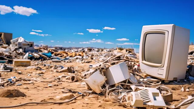 Electronic waste waiting for disposal. Abandoned broken computer, Stack of disused computer printers to be scrapped or recycled. Environmental concept	