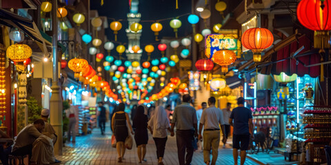 lively street scene during Eid al-Adha with people walking past shops adorned with lanterns and...