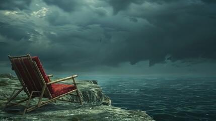 Luxurious bamboo beach chair with red fabric, positioned on a cliff with a dramatic ocean view, stormy sky above, moody and high-definition photography texture.