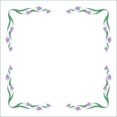 Obraz premium Green floral frame with purple flowers, lily of the valley decorative corners for greeting cards, banners, business cards, invitations, menus. Isolated vector illustration. 