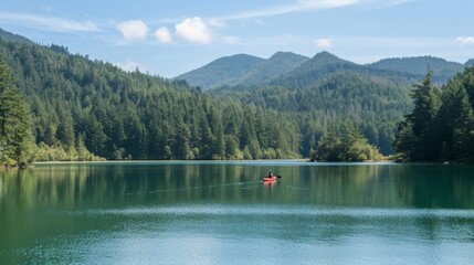Kayaking on a Tranquil Lake: A serene shot of a person kayaking alone on a crystal-clear lake surrounded by forest, shot from a distance to emphasize the harmony between human and nature.