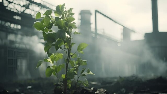 Industrial chimney with green foliage emitting smoke, Carbon dioxide. Carbon reduction with bright green plants. Industry and environmental	