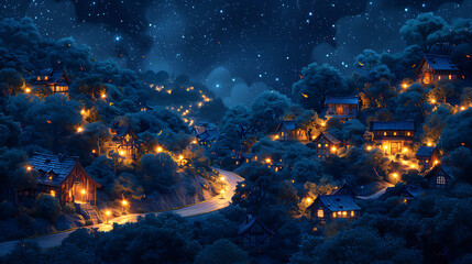 blue night,low angle,In the center winding road,cute,Create an image of a charming village scene...