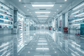 Interior of empty modern pharmacy, Pharmacy shop blue background