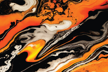 Background With Mixed Liquid Black And Orange Paints. Abstract Fluid Acrylic Painting. Contemporary art. Abstract Orange acrylic texture background. 