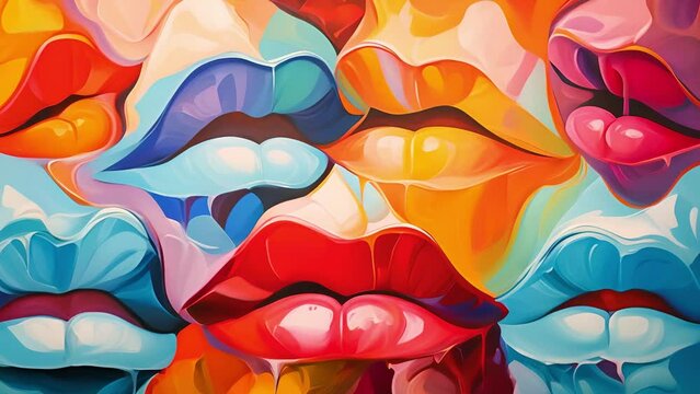 Lips of people kissing together with vibrant colors on face