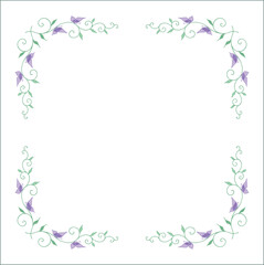 Green vegetal ornamental frame with leaves and purple butterflies, decorative border, corners for greeting cards, banners, business cards, invitations, menus. Isolated vector illustration.	
