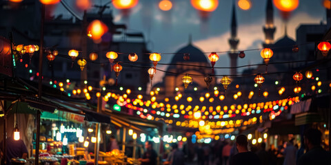 Twilight scene of a bustling marketplace adorned with strings of illuminated lanterns during Eid al-Adha, featuring a mosque silhouette in the background