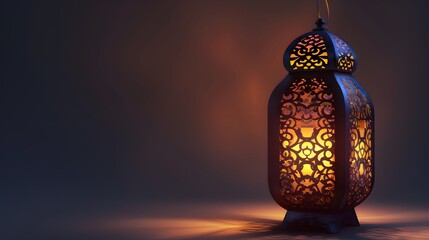 Set of golden arabic lanterns with glass patterns and burning candles, 3d render