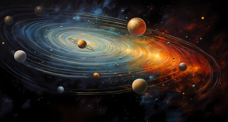 painting of the solar system, with planets