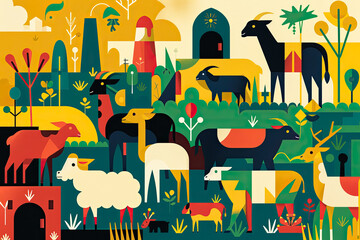 Abstract flat design illustration of Eid al-Adha, featuring stylized animals like rams and cows in geometric forms and a kaleidoscope of vibrant colors to convey the festive spirit - obrazy, fototapety, plakaty