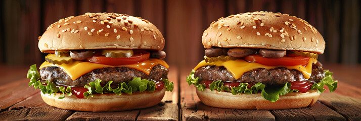 Two juicy cheeseburgers with perfectly cooked meat, served on a rustic wooden table - obrazy, fototapety, plakaty