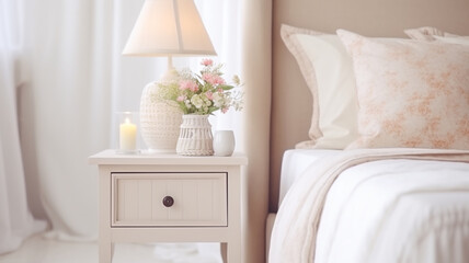 Close up of bedside cabinet near bed with beige bedding. French country interior design of modern bedroom