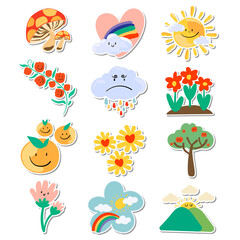 Cute natural doodle sticker design element set