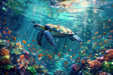 A colorful turtle swims through a school of fish in a coral reef