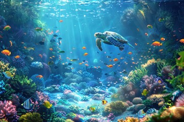 Fototapeta na wymiar A turtle swims through a colorful coral reef with many fish swimming around it