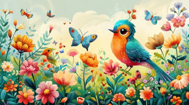 A colorful painting of a bird and butterflies in a field of flowers