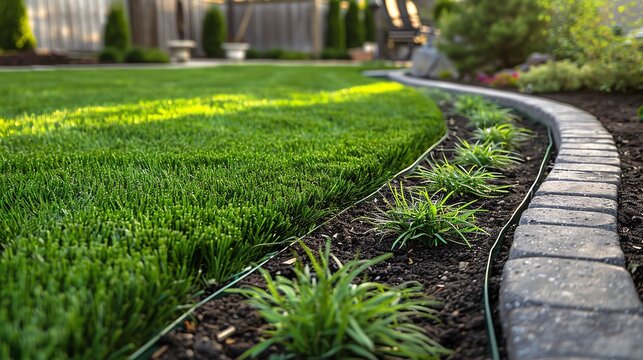 Detailed shot of a neatly trimmed grass border along a backyard patio, focusing on texture and garden maintenance