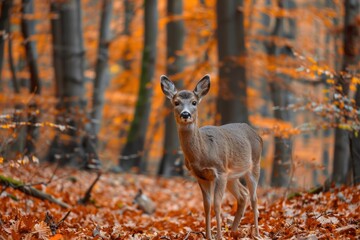 A deer is standing in the woods with leaves on the ground