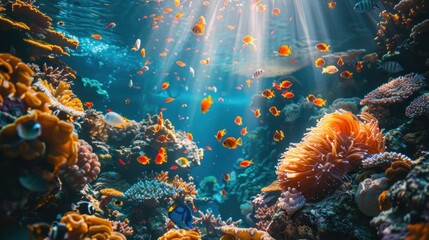 A colorful coral reef with many fish swimming around - obrazy, fototapety, plakaty
