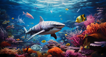 underwater scene with sharks, fish and coral reefs