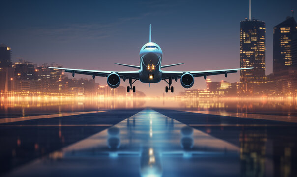 Large commercial airplane landing or take off on runway at night. Journey abroad tourism, oversea travel, flight transit, air travel transport, airline business, or transportation industry concept