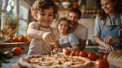 Child's Joy in Contributing to Family Meals: Finalizing a Homemade Pizza with Cheese