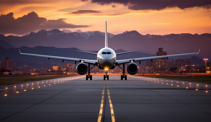 Large commercial airplane landing or take off on runway at night. Journey abroad tourism, oversea travel, flight transit, air travel transport, airline business, or transportation industry concept - obrazy, fototapety, plakaty