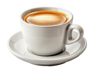 Foamy espresso in a ceramic cup with saucer isolated on transparent background